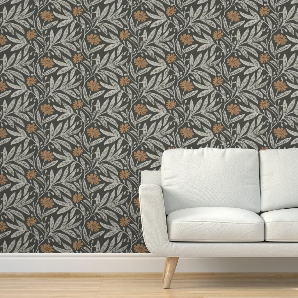 Daisy Stamp Peel and Stick Wallpaper - Charcoal Black and Peach Orange product