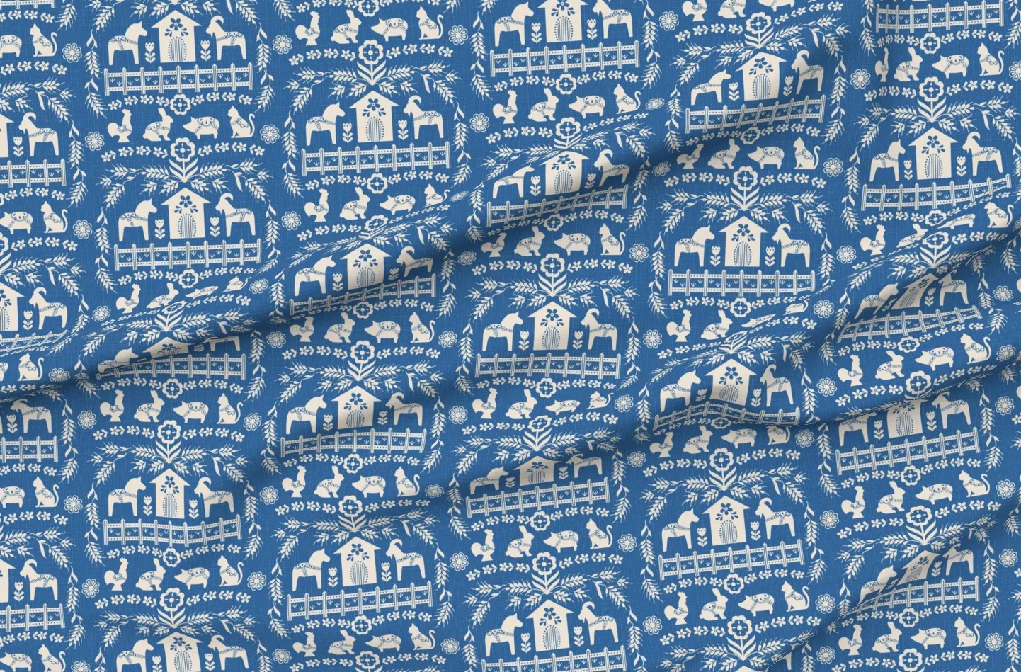 Dala Farm Swedish Folk Art Printed Fabric - Blue, Pique product