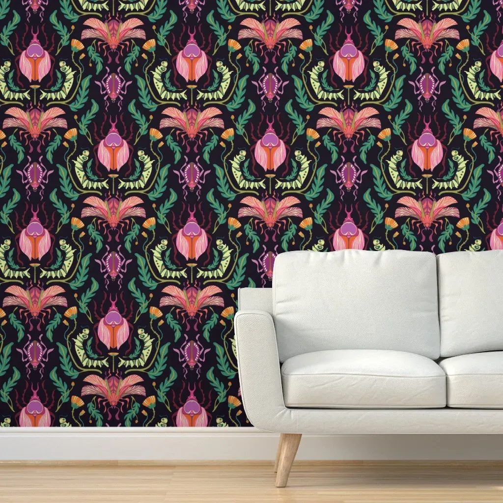 Damask Beetles Peel and Stick Wallpaper - Black, Pink, Green product