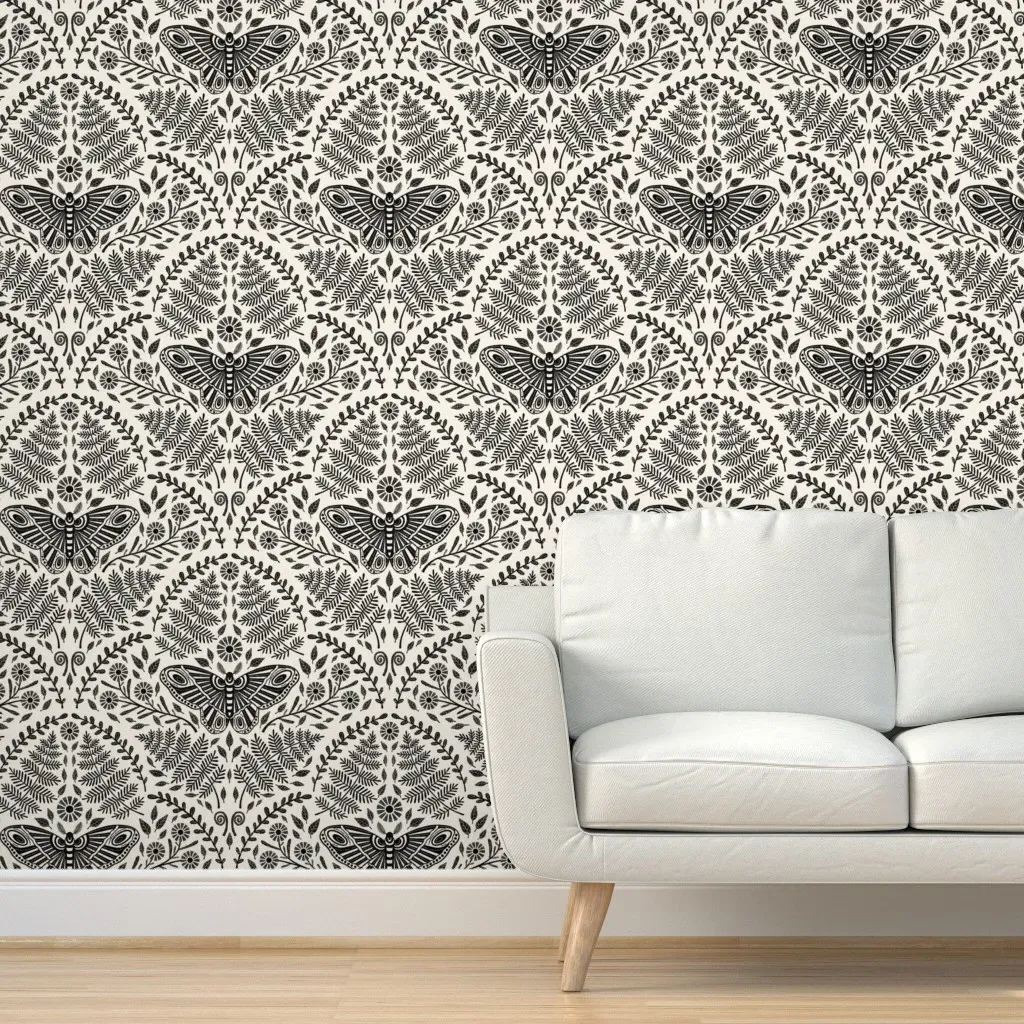 Damask Dark Boho Forest Flora & Luna Moth Peel and Stick Wallpaper - Black product