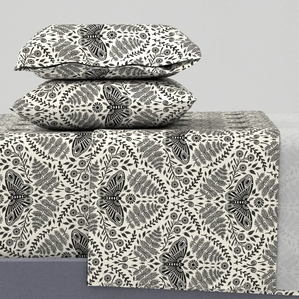 Damask Dark Boho Forest Flora & Luna Moth Queen Sheet Set - Black product