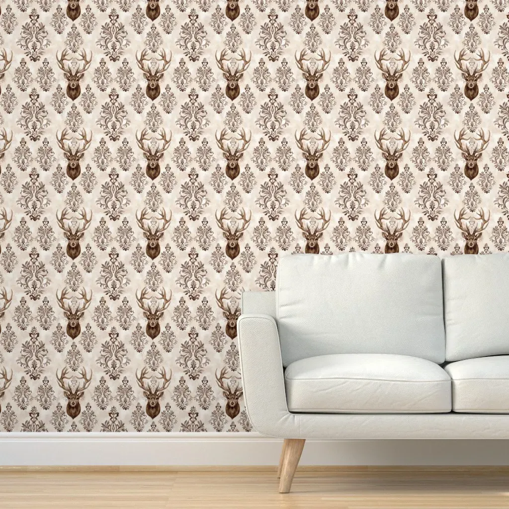Damask Deer Watercolor Peel and Stick Wallpaper - Brown product