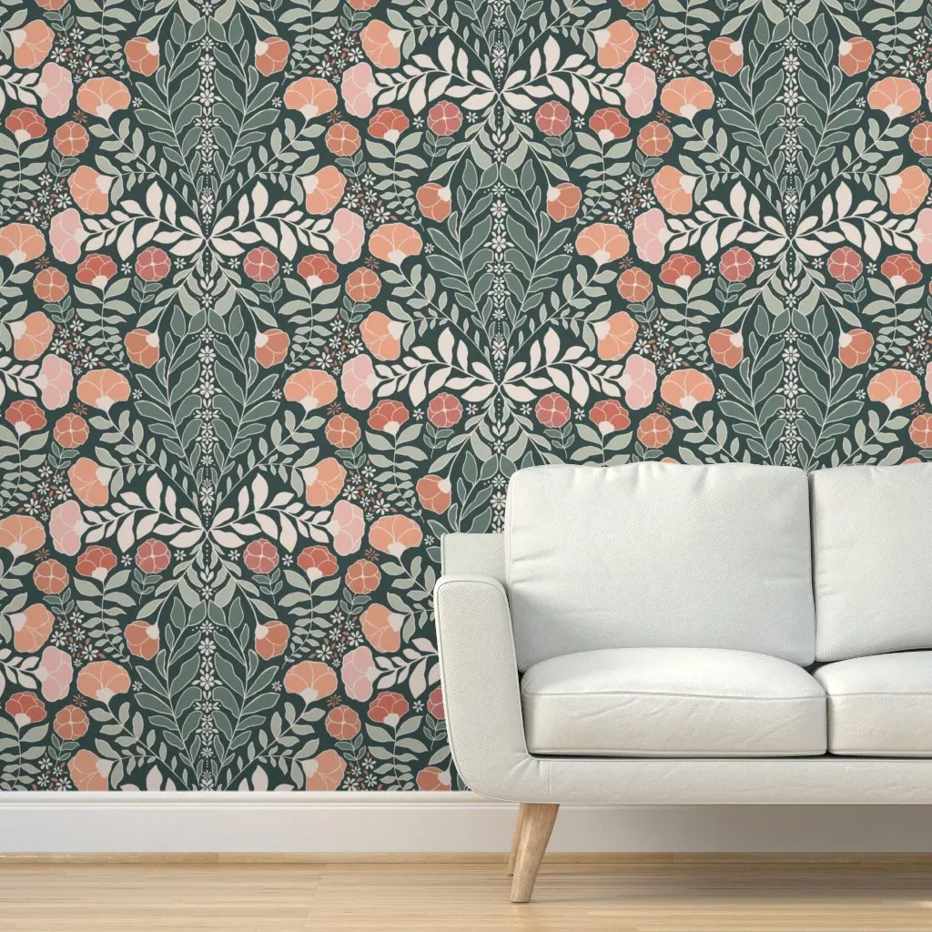 Damask Floral Botanical Peel and Stick Wallpaper - Forest Green product