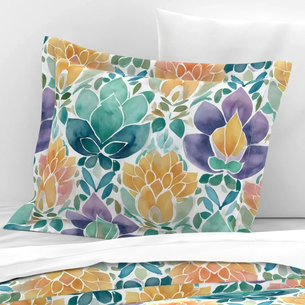 Damask Floral Motif Standard Flanged Pillow Sham - Blue, Cotton Sateen product