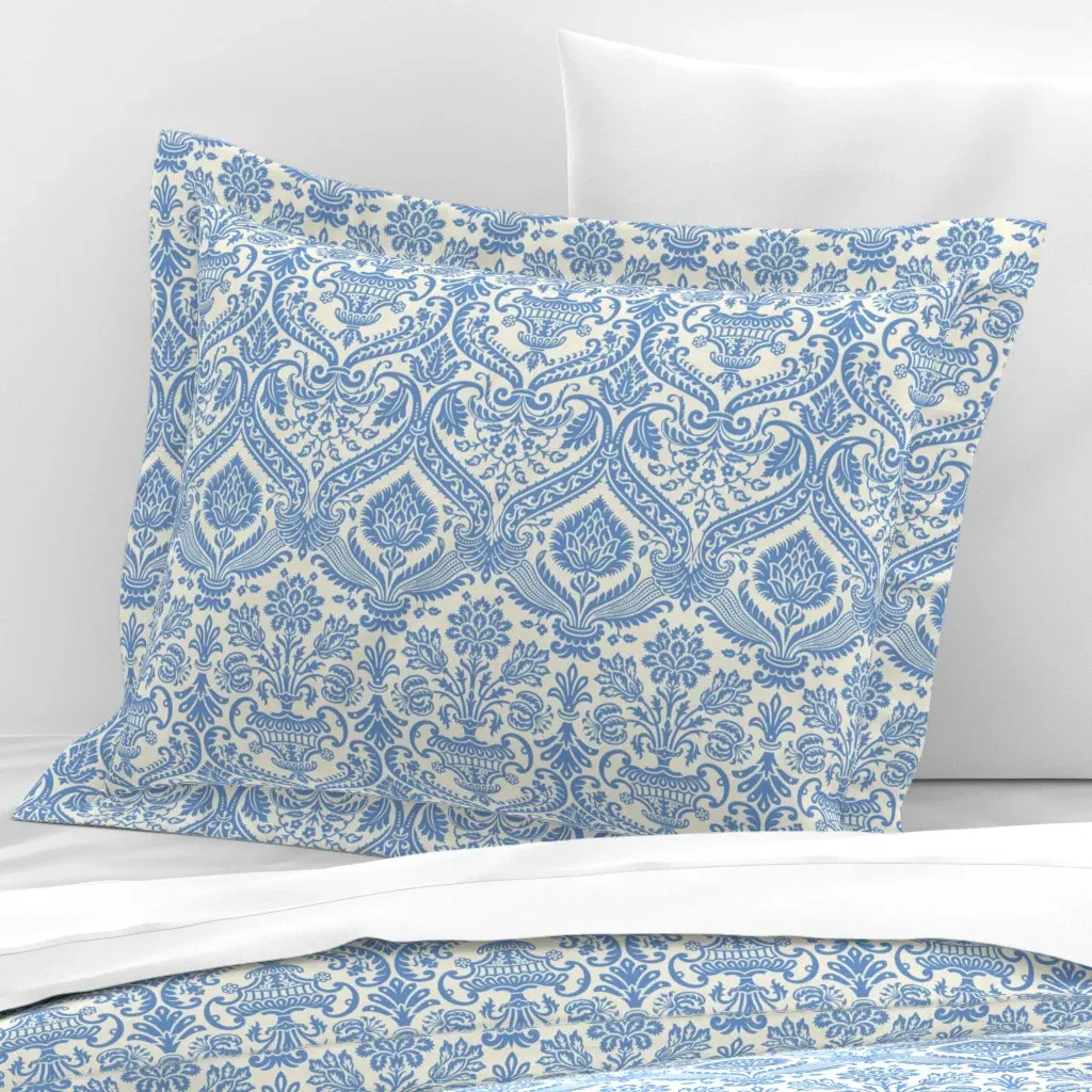 Damask Va 2J Wide Cotton Sateen Standard Flanged Pillowcase - Blue product