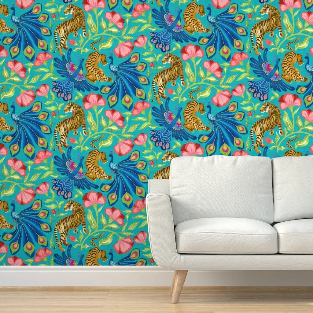 Dance Of The Peacocks And Tigers Peel and Stick Wallpaper - Teal product