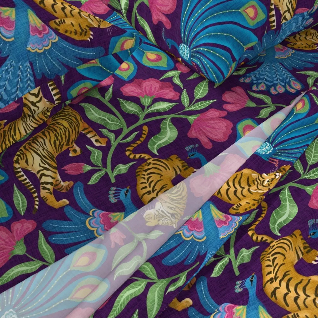Dance Of The Peacocks And Tigers Queen Sheet Set - Purple alternate view
