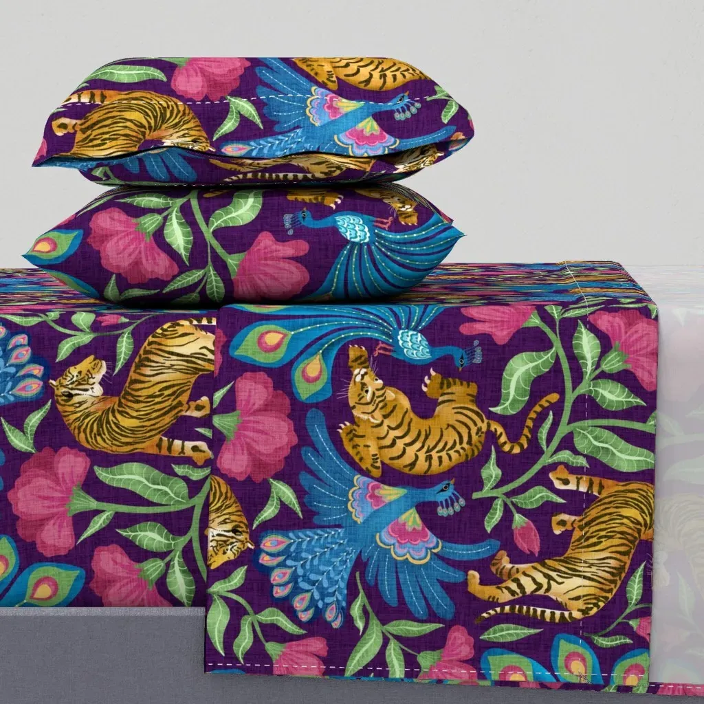 Dance Of The Peacocks And Tigers Queen Sheet Set - Purple product