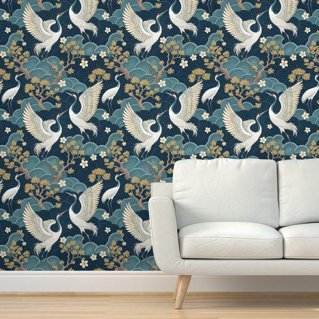 Dancing Cranes Large Scale Peel and Stick Wallpaper - White product
