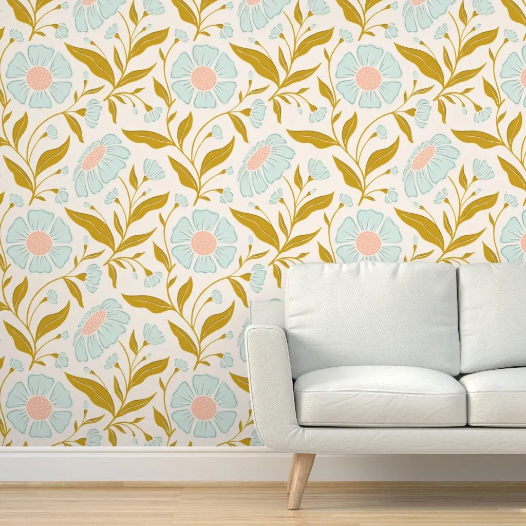 Dancing Daisy Hand Drawn Floral Peel and Stick Wallpaper - Apricot Breeze Cream product