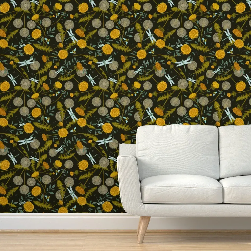Dandelions And Dragonflies Jumbo Scale Peel and Stick Wallpaper - Yellow, Black product
