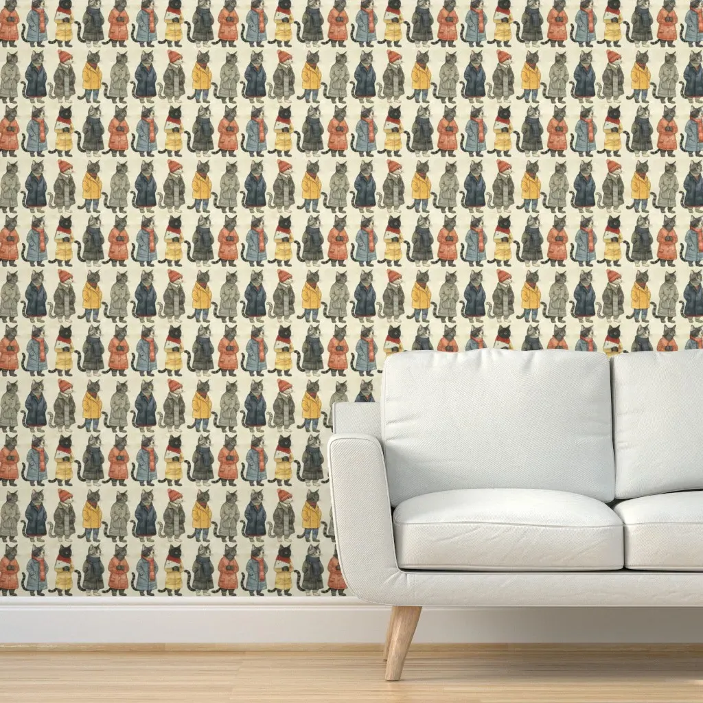 Dapper Cats In Coats Watercolor Peel and Stick Wallpaper - Gray product