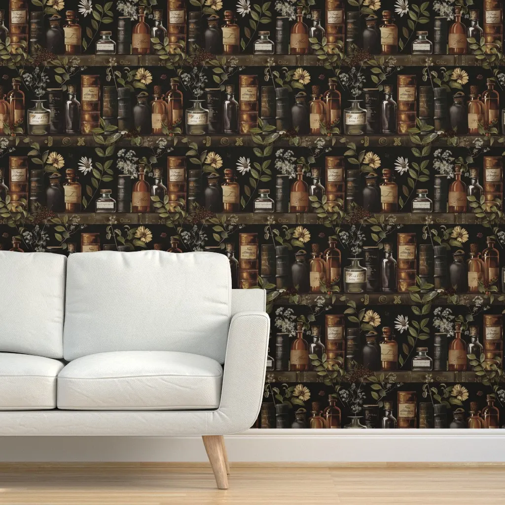 Dark Academia Apothecary Library Gothic Peel and Stick Wallpaper - Dark Brown product