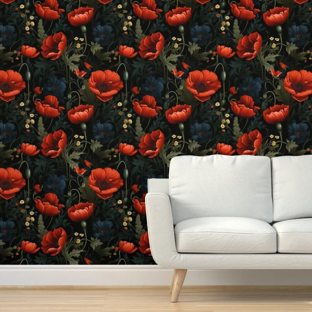 Dark Academia Gothic Floral Peel and Stick Wallpaper - Red product