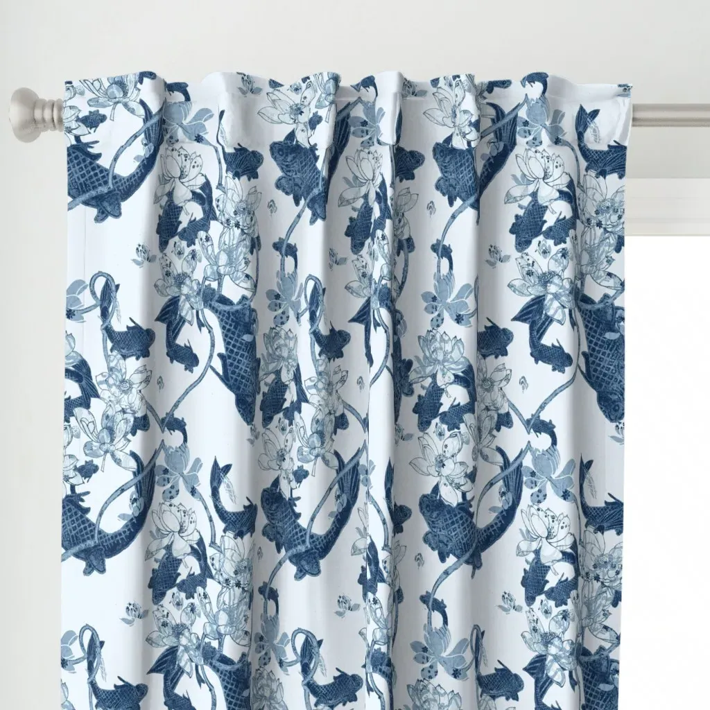 Dark Blue Koi Print Curtain Panel - Blue alternate view