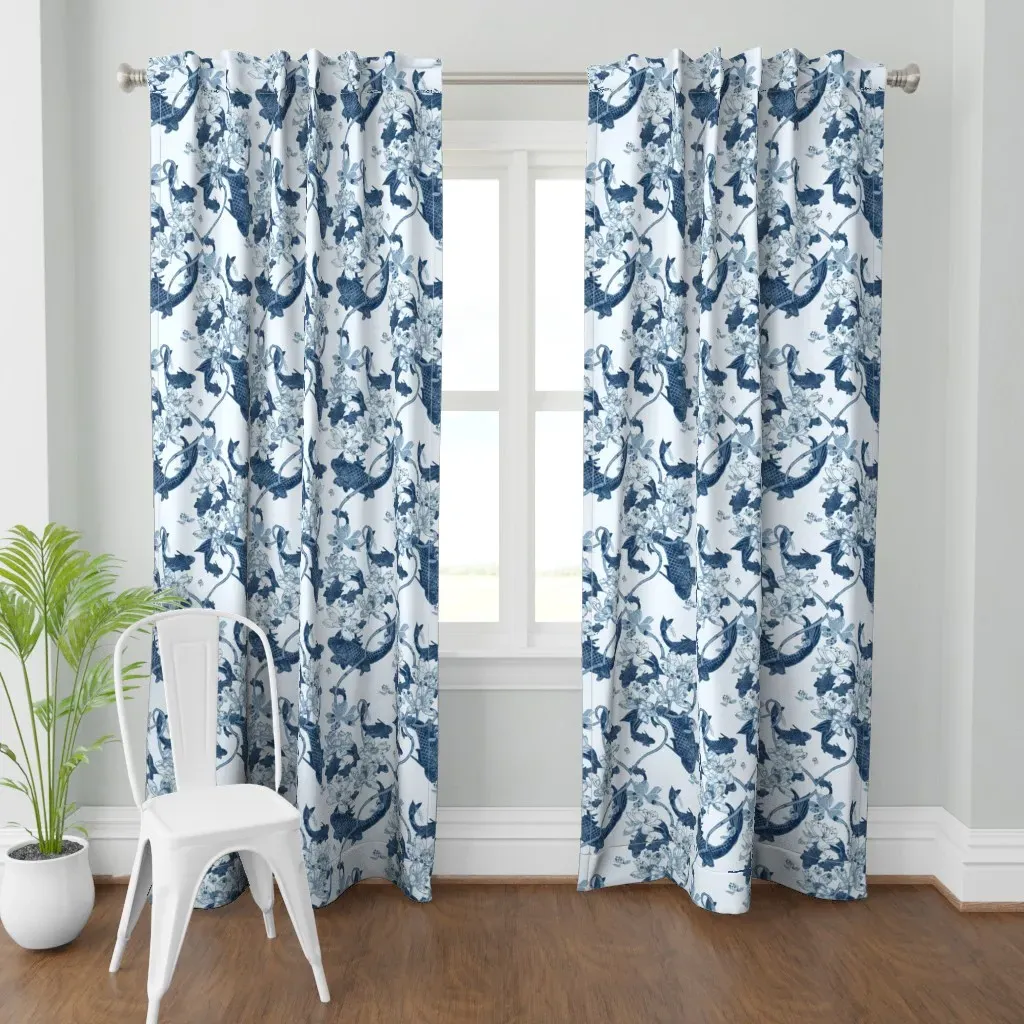 Dark Blue Koi Print Curtain Panel - Blue product