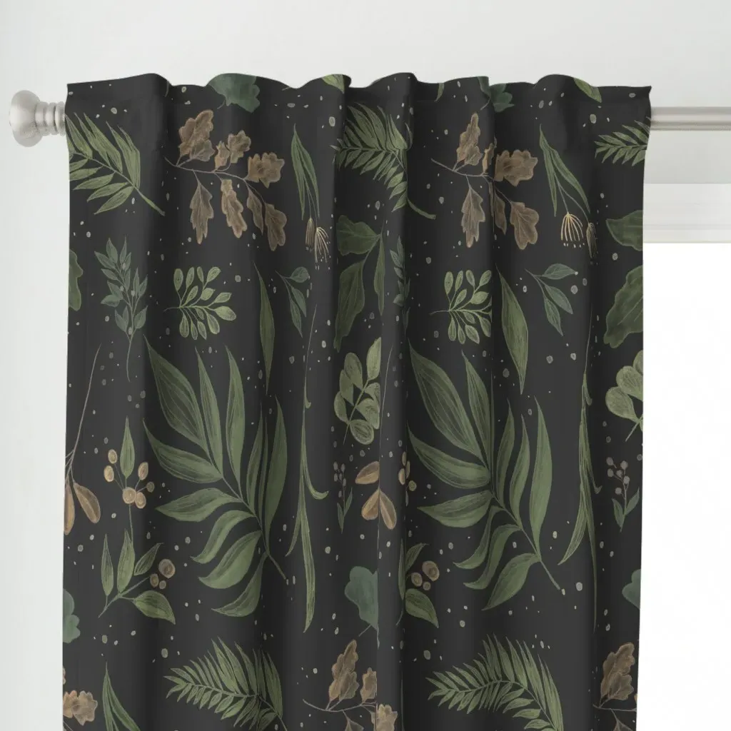 Dark Botanical Leaves Curtain Panel - Dark Green alternate view