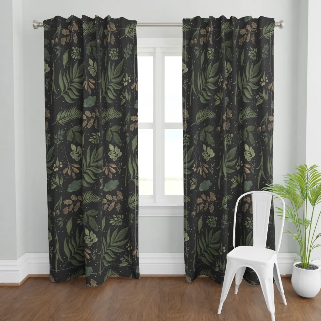 Dark Botanical Leaves Curtain Panel - Dark Green product