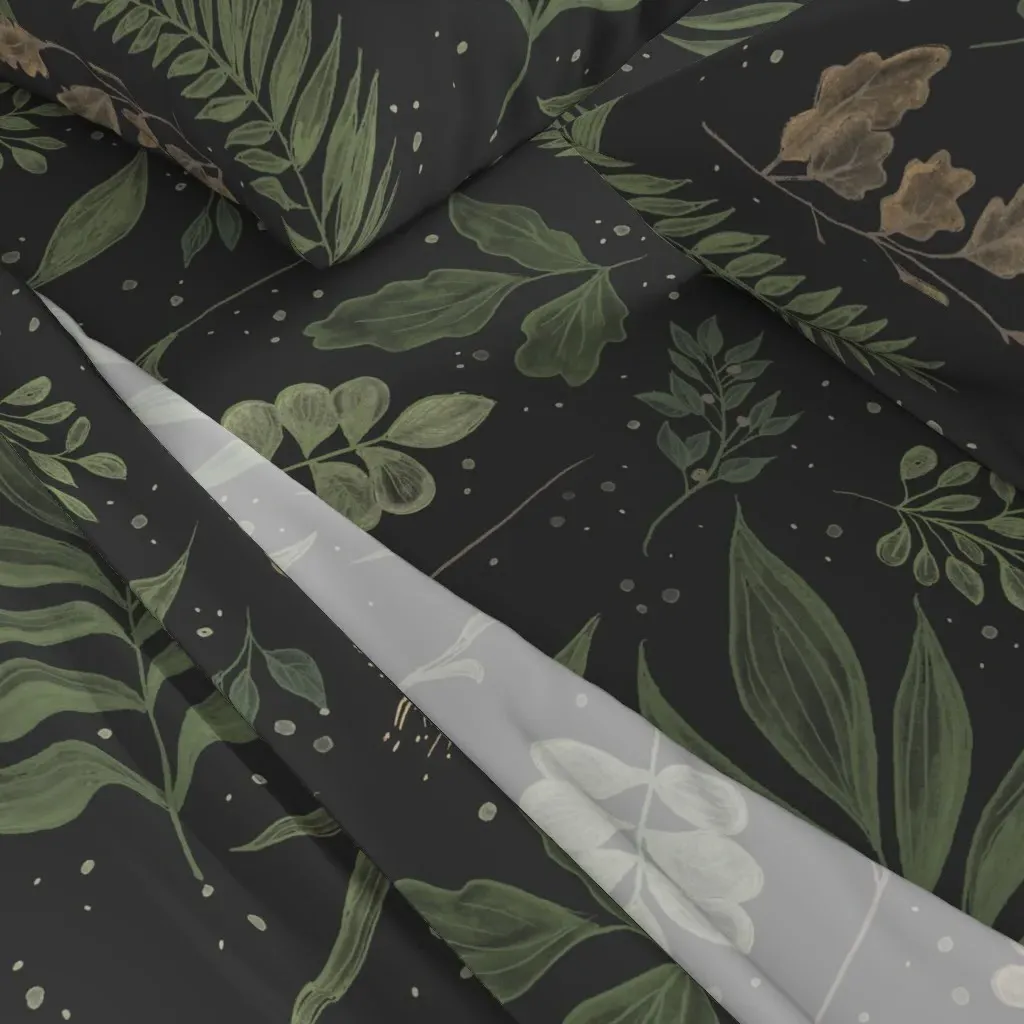 Dark Botanical Leaves Queen Sheet Set - Dark Green alternate view