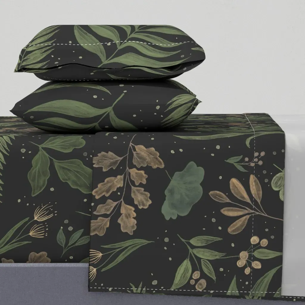 Dark Botanical Leaves Queen Sheet Set - Dark Green product