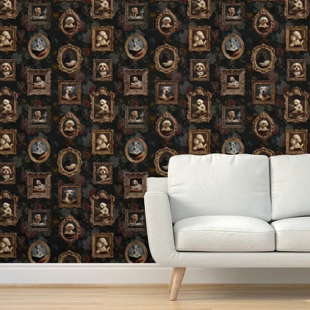 Dark Floral Dogs Library Baroque Portraits Peel and Stick Wallpaper - Brown product