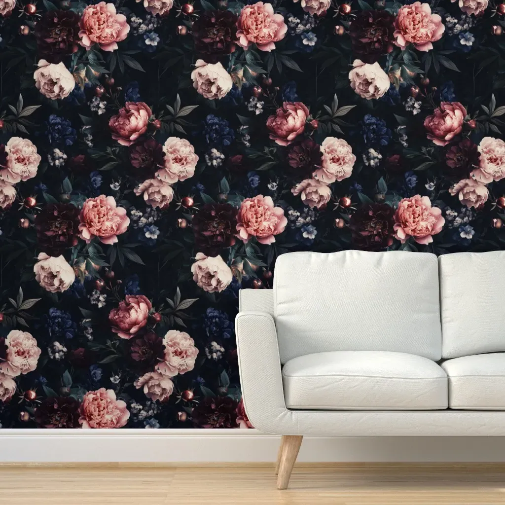Dark Floral Peonies Peel and Stick Wallpaper - Burgundy product