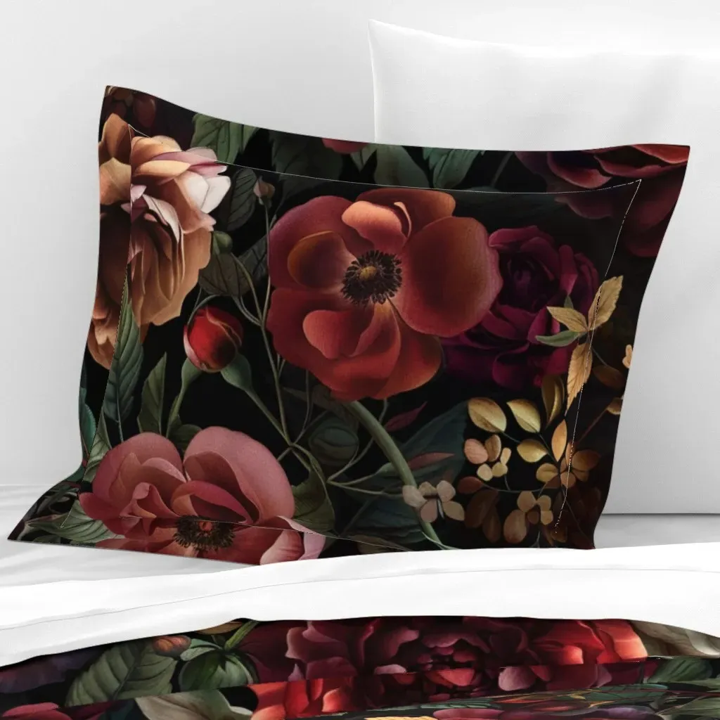 Dark Floral Standard Flanged Cushion Cover - Burgundy, Cotton Sateen product