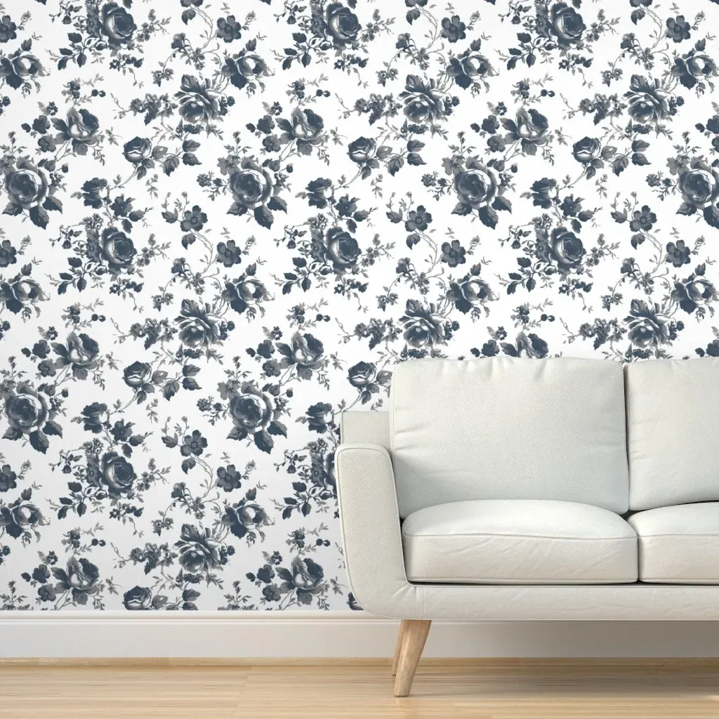 Dark Floral Toile Chinoiserie Roses Peel and Stick Wallpaper - Blue-Gray product