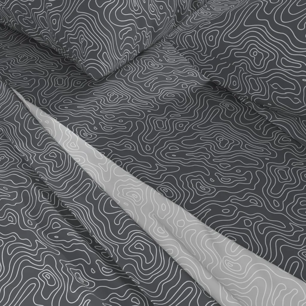 Dark Grey & White Topographic Wave Pattern Queen Sheet Set alternate view