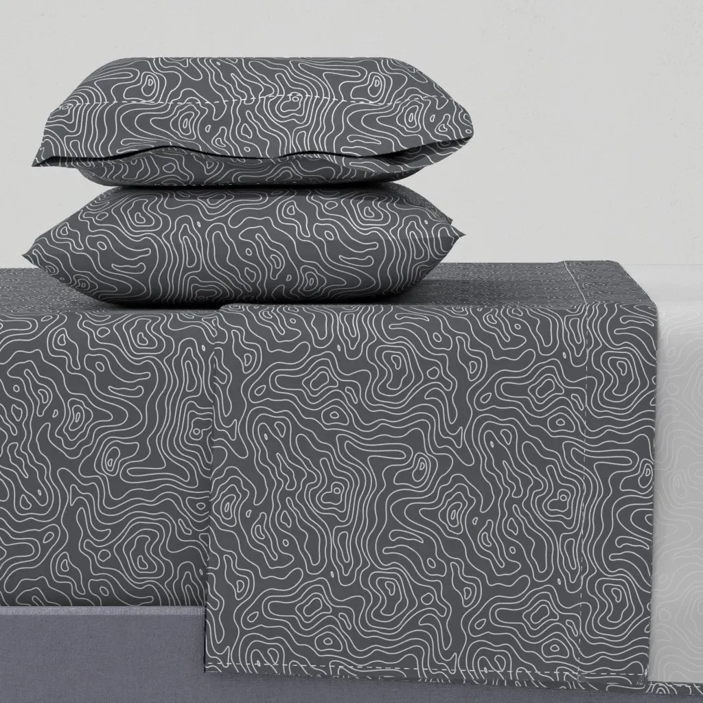 Dark Grey & White Topographic Wave Pattern Queen Sheet Set product