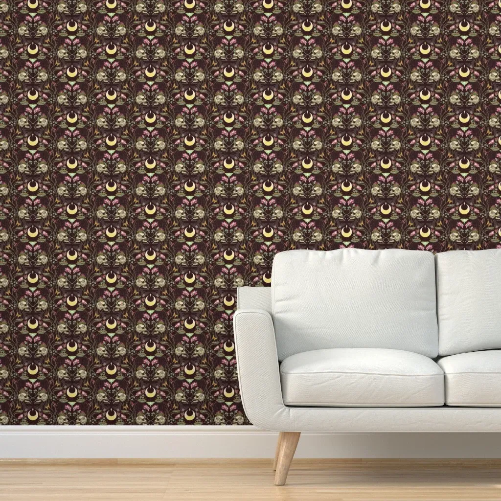 Dark Haunted Pond Life Art Nouveau Peel and Stick Wallpaper - Burgundy product