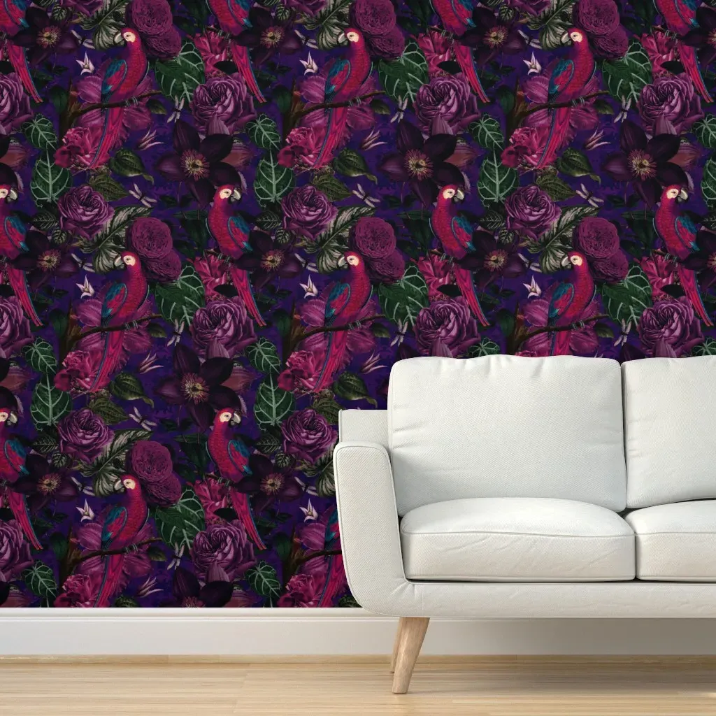 Dark Jungle Birds Peel and Stick Wallpaper - Purple product