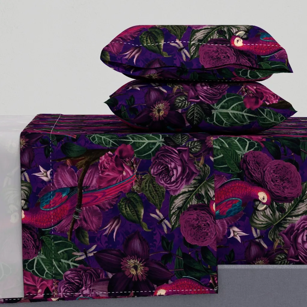 Dark Jungle Birds Tropical Pattern Queen Sheet Set - Crimson product