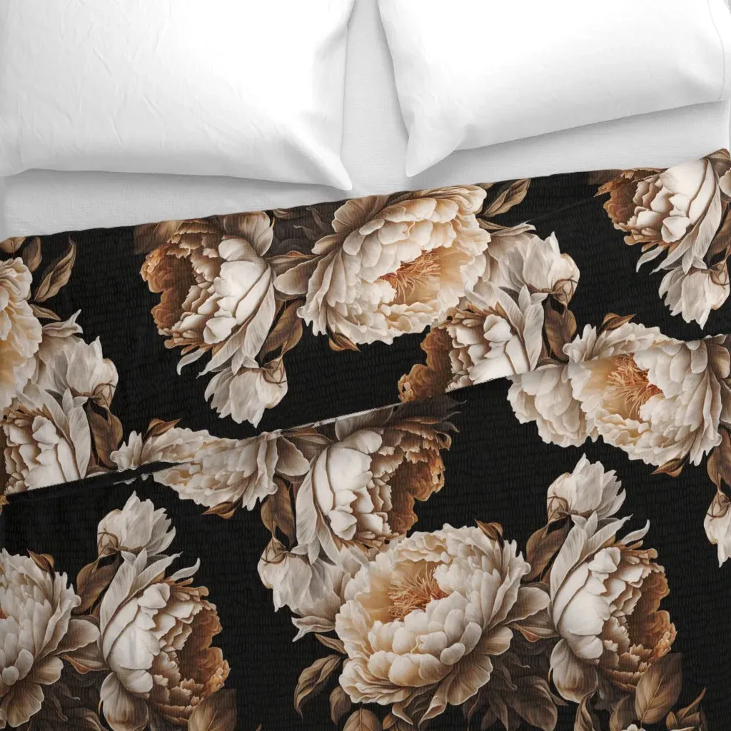 Dark Large Peonies Boho Retro Duvet Cover - Off-White alternate view