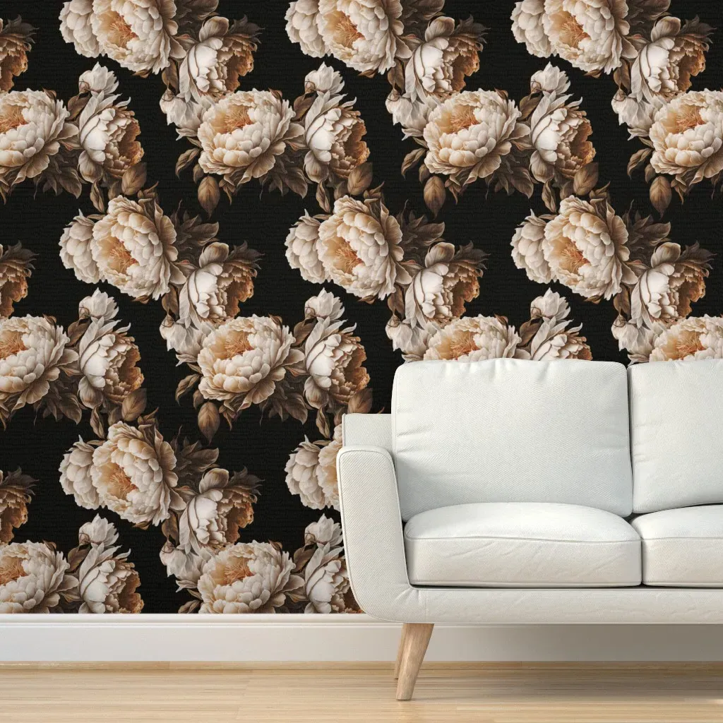 Dark Large Peonies Boho Retro Floral Peel and Stick Wallpaper - Off-White product