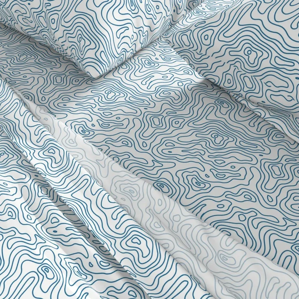 Dark Light Blue White Stripes Wave Topo Map Queen Sheet Set - Teal alternate view