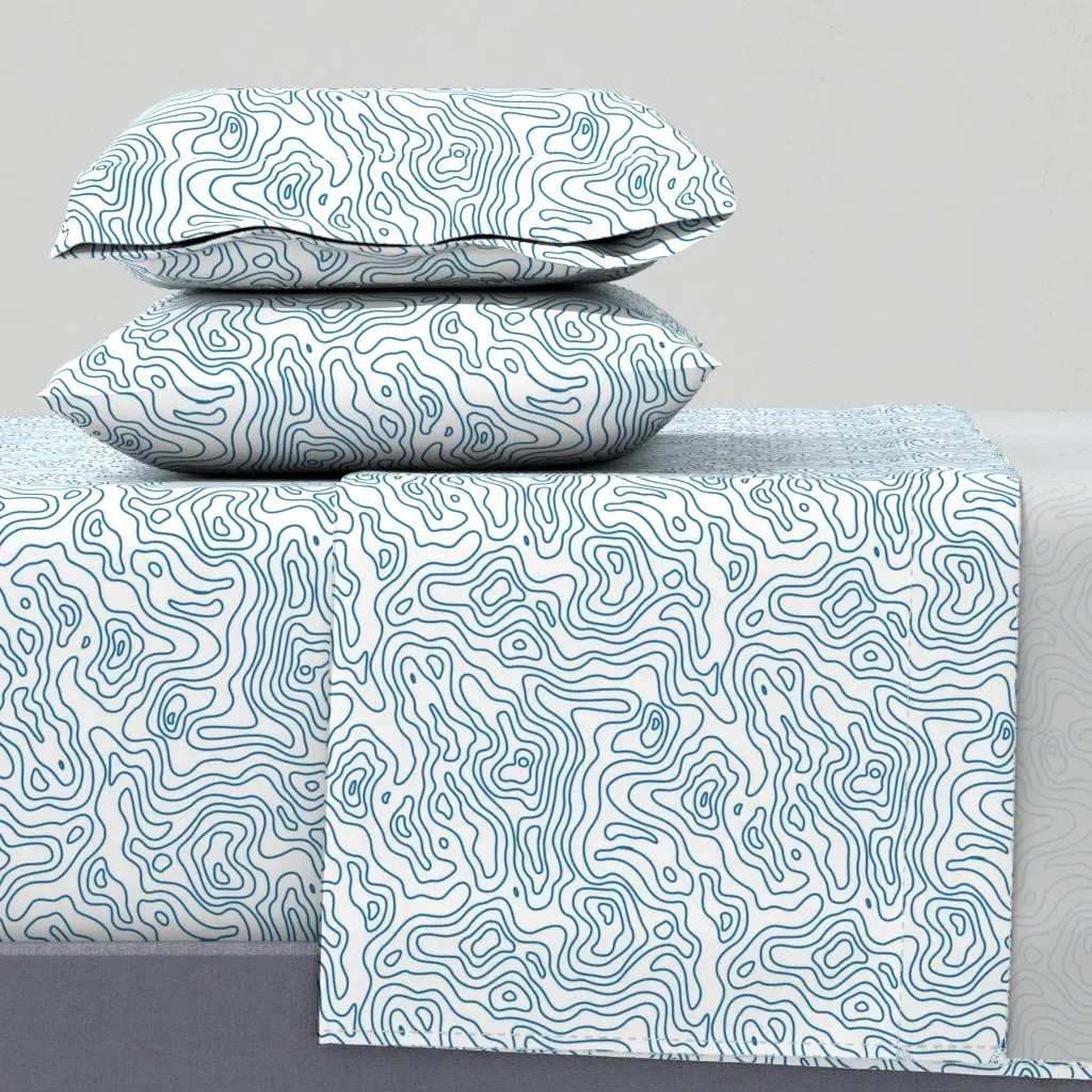Dark Light Blue White Stripes Wave Topo Map Queen Sheet Set - Teal product
