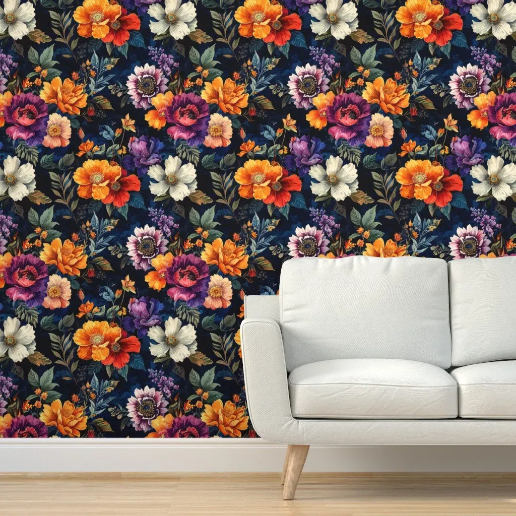 Dark Moody Botanical Floral Peel and Stick Wallpaper - Midnight Navy product