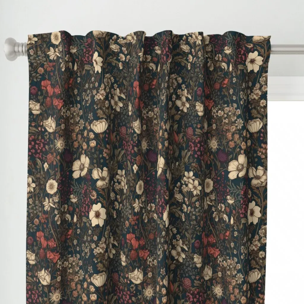 Dark Moody Floral Pattern Curtain Panel - Dark Teal alternate view