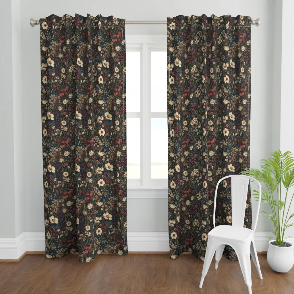 Dark Moody Floral Pattern Curtain Panel - Dark Teal product