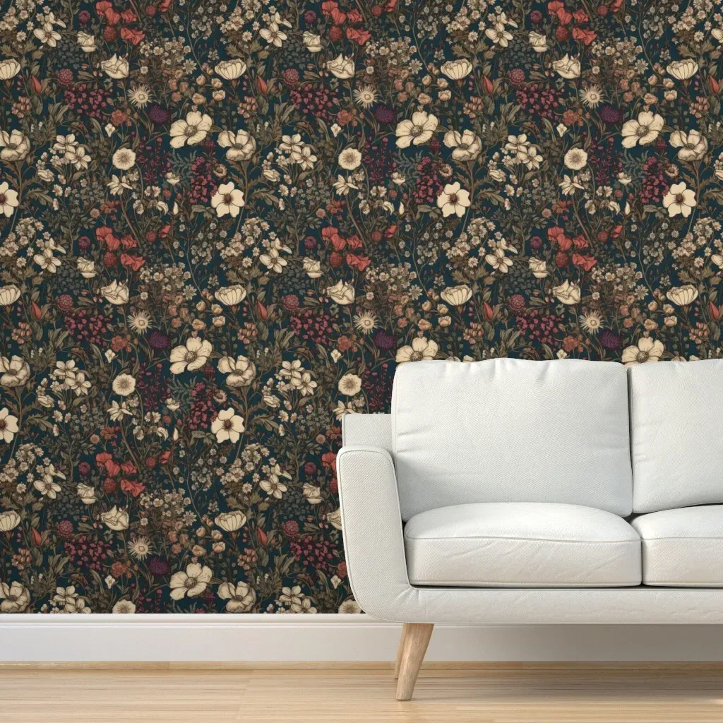 Dark Moody Floral Peel and Stick Wallpaper - Dark Teal product
