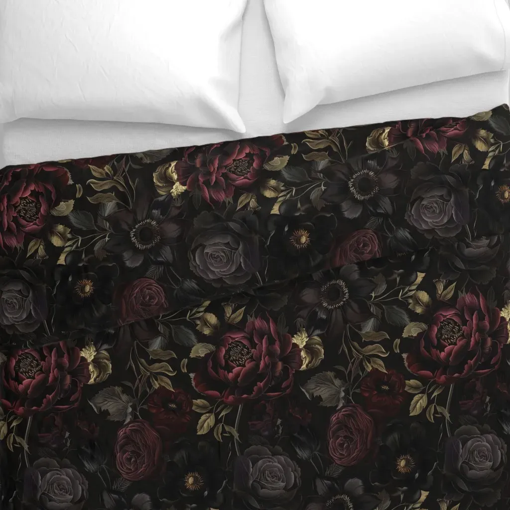 Dark Moody Romantic Florals Duvet Cover - Dark Red alternate view