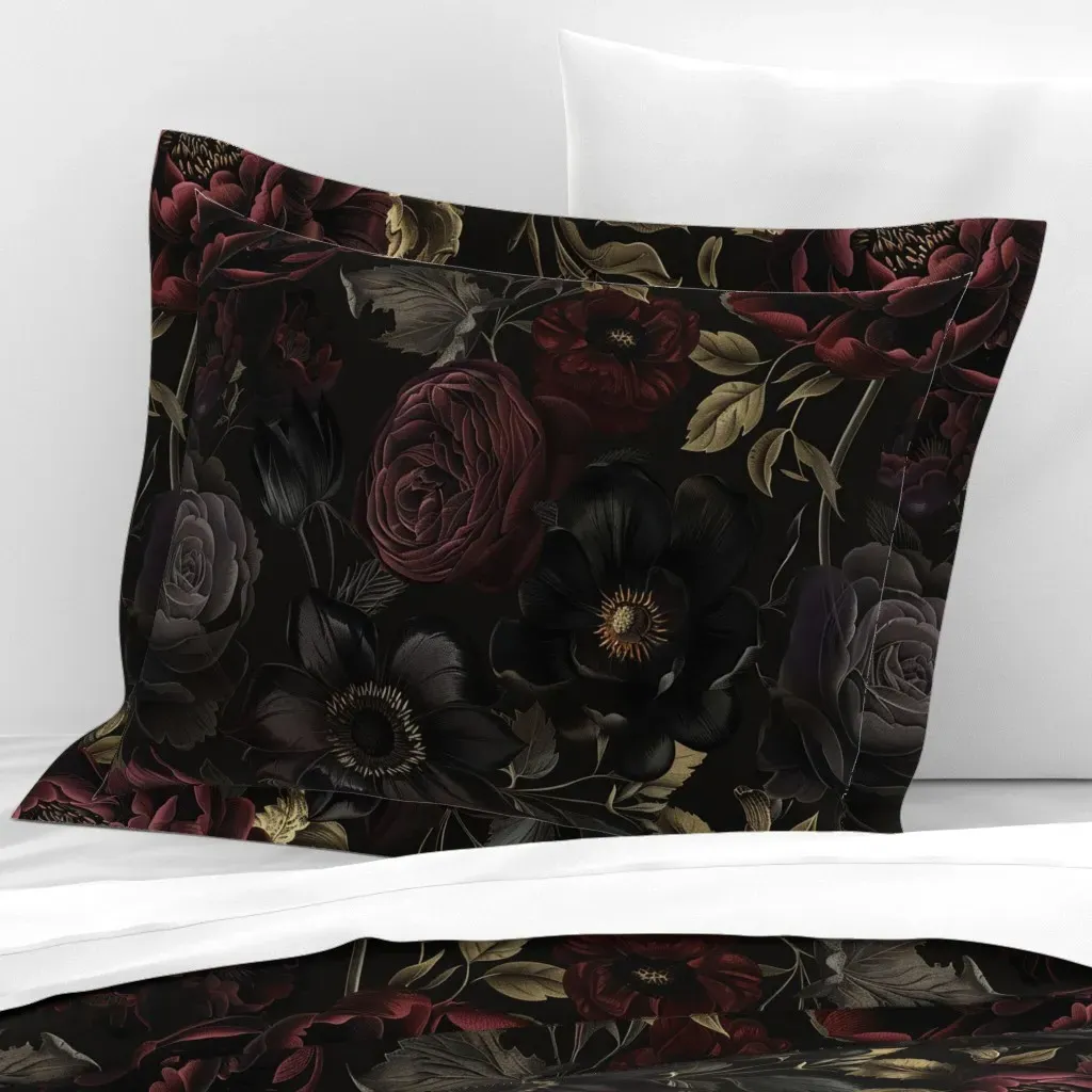 Dark Moody Romantic Florals Standard Flanged Pillow Sham - Dark Red, Cotton Sateen product