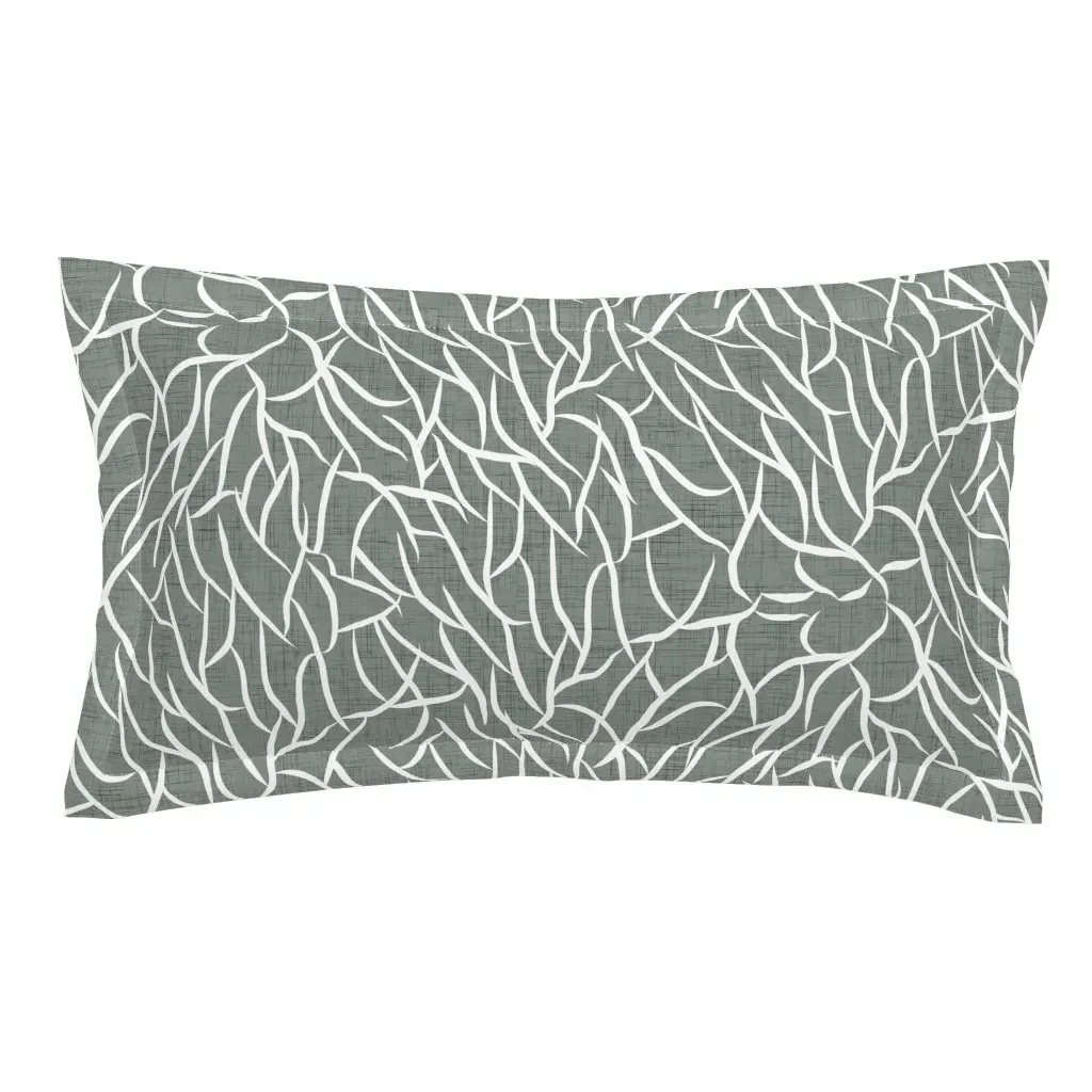 Dark Moss Sage Green Boho Bare Coral Branches King Pillow Sham - White, Linen product