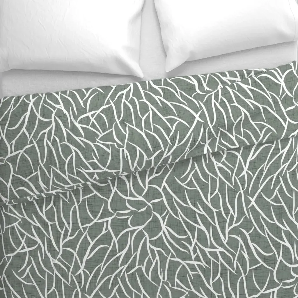 Dark Moss Sage Green Boho Bare Duvet Cover - White alternate view