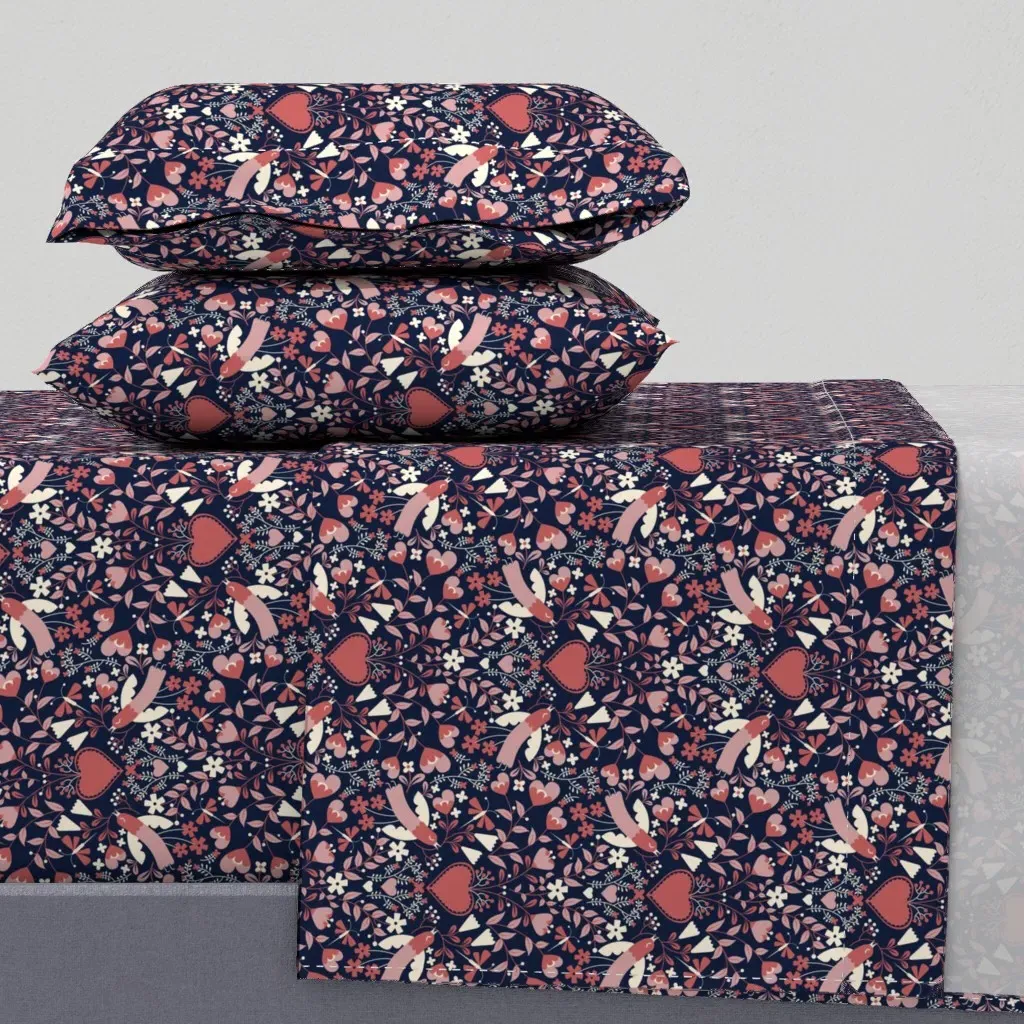 Dark Navy Love Birdies Queen Sheet Set - Dusty Rose product