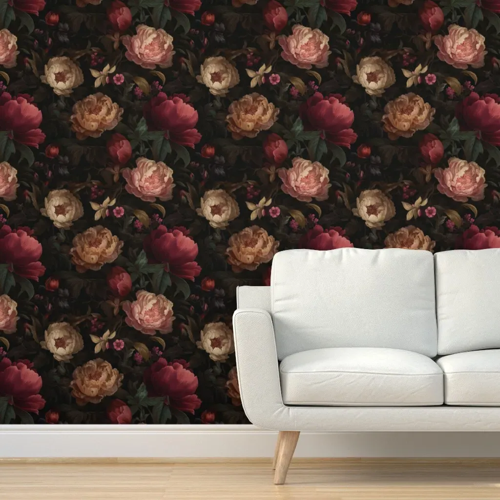Dark Peony Symphony Peel and Stick Wallpaper - Burgundy product