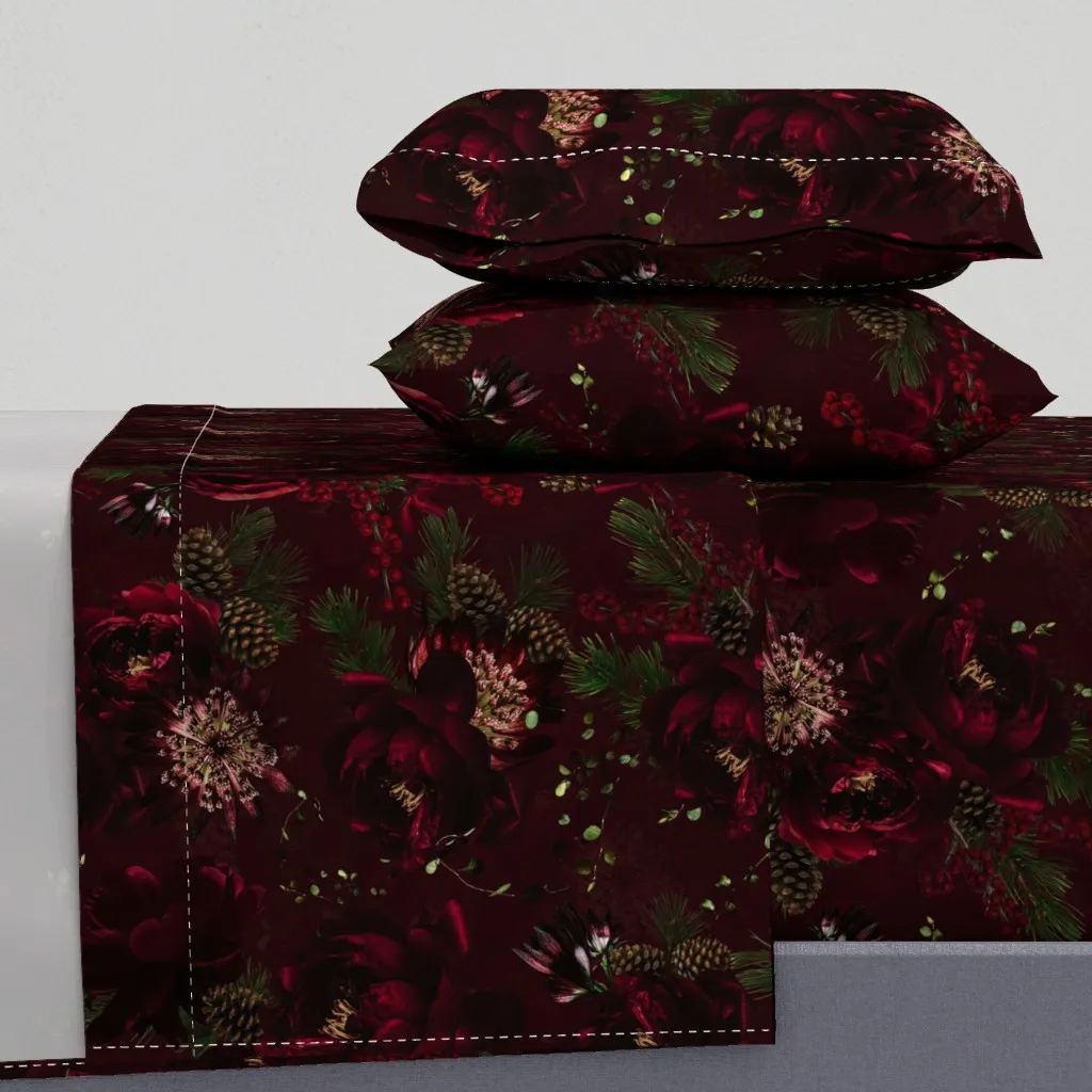 Dark Vintage Flower Winter Garden Twin XL Sheet Set - Burgundy product
