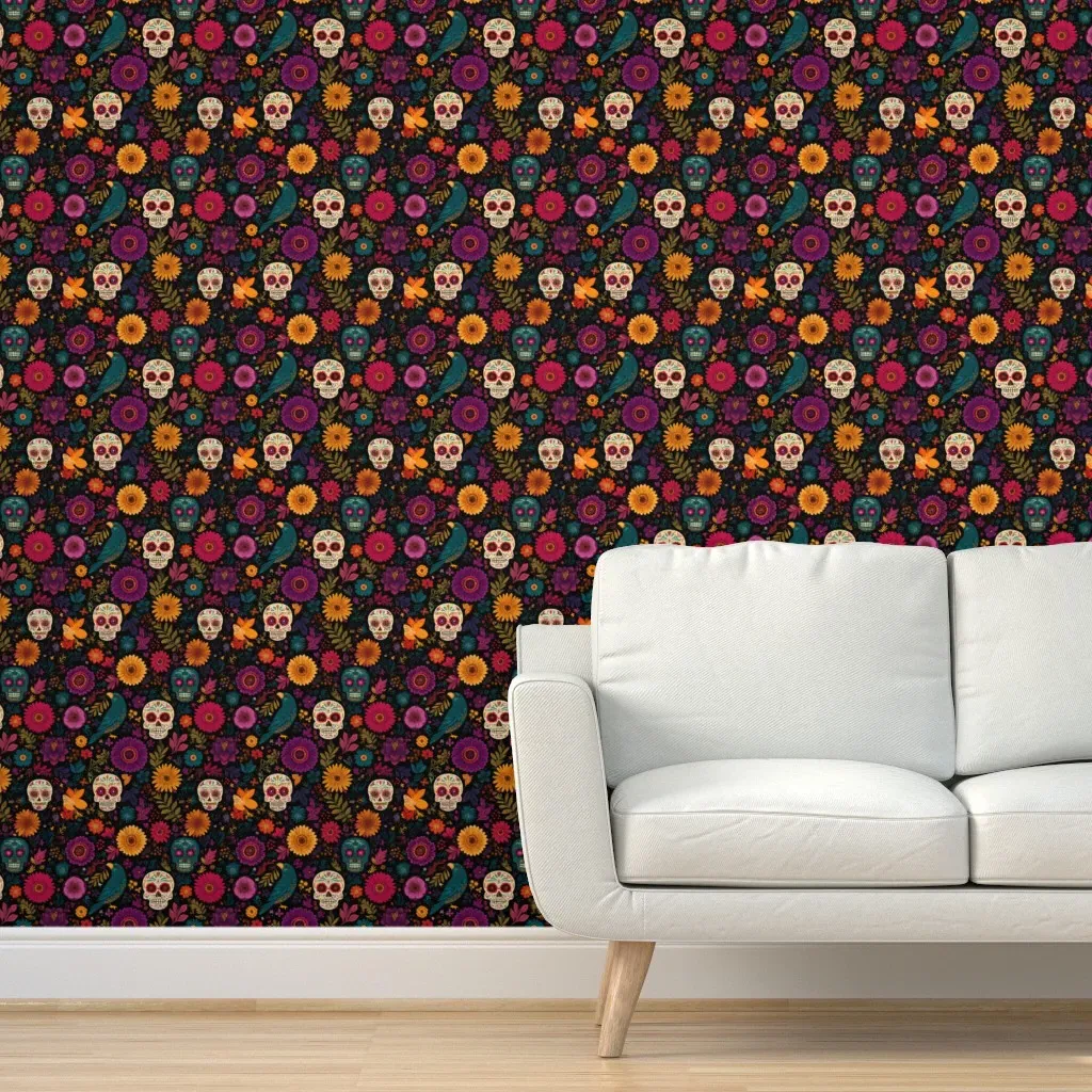 Day Of The Dead Sugar Skulls & Blossoms Peel and Stick Wallpaper - Magenta product