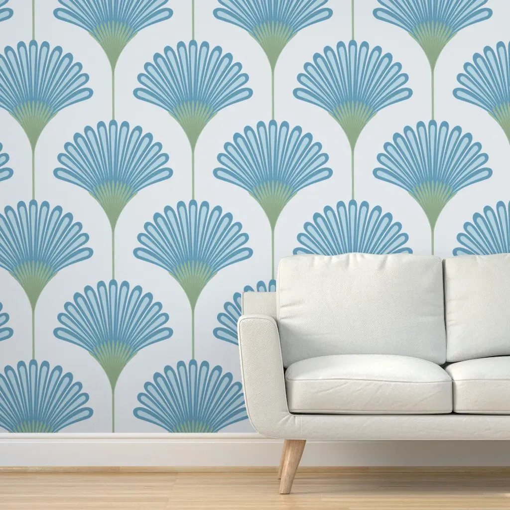 Dazzling Daisies Art Deco Scallop Palms Peel and Stick Wallpaper - Blue product